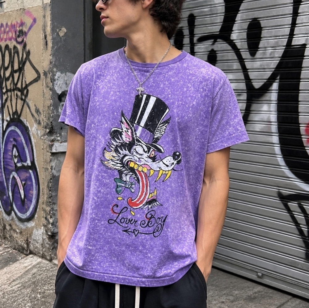 Ed Hardy Love Boy Wolf Graphic T-Shirt Size S Purple Acid Wash Tattoo Tee